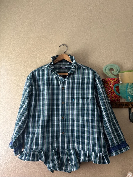 Izod Tops - Izod Green and Blue Plaid Ruffle-Hem Button Shirt